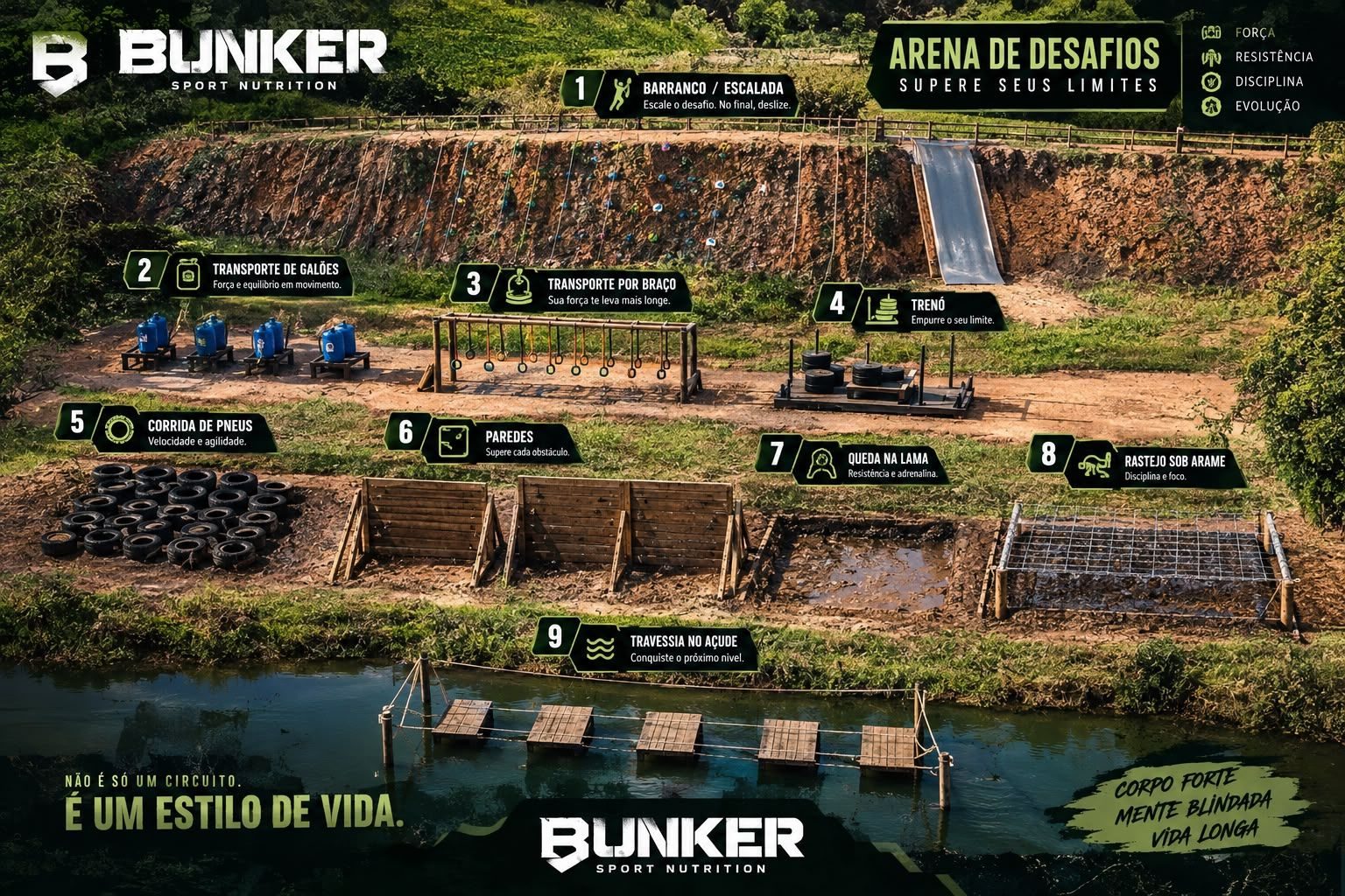 Ilustração do conceito da Arena Bunker, com nove obstáculos em percurso rural